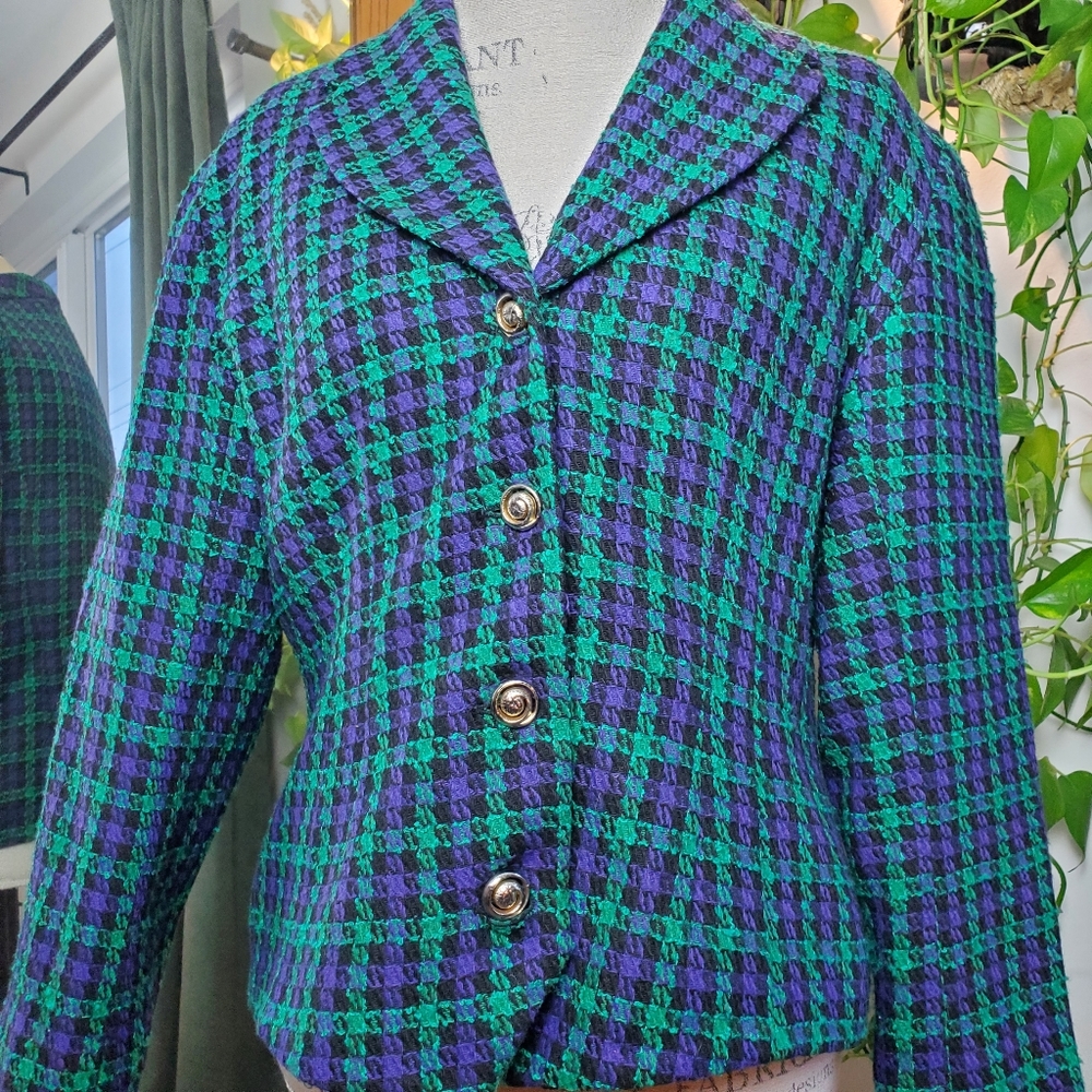 VINTAGE | Cimone Wool Blend Herringbone Green Purple Blazer Jacket (Size M) - Picture 9 of 10